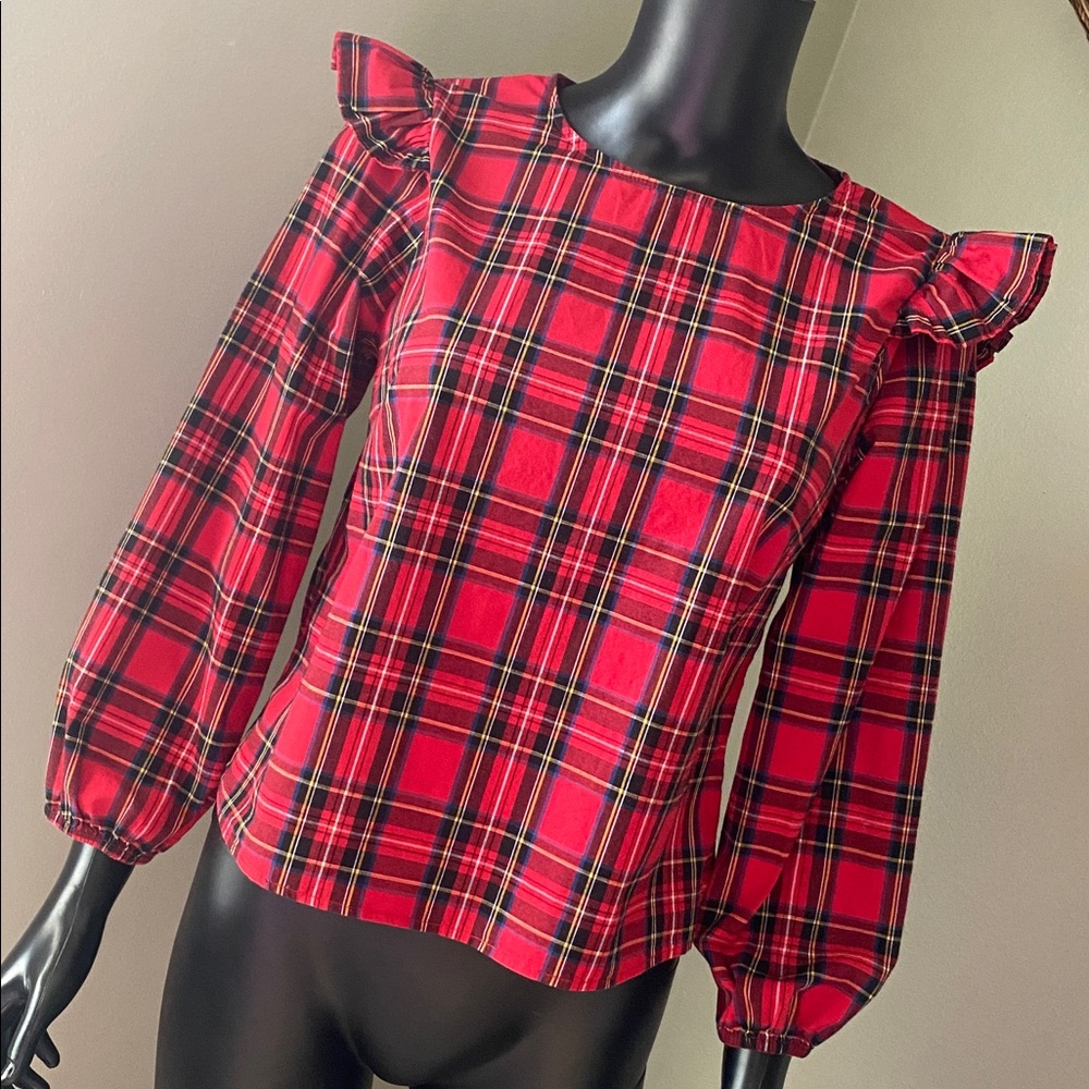 Harper Heritage Red Black & Blue Plaid Ruffle Sleeve Longsleeve Top